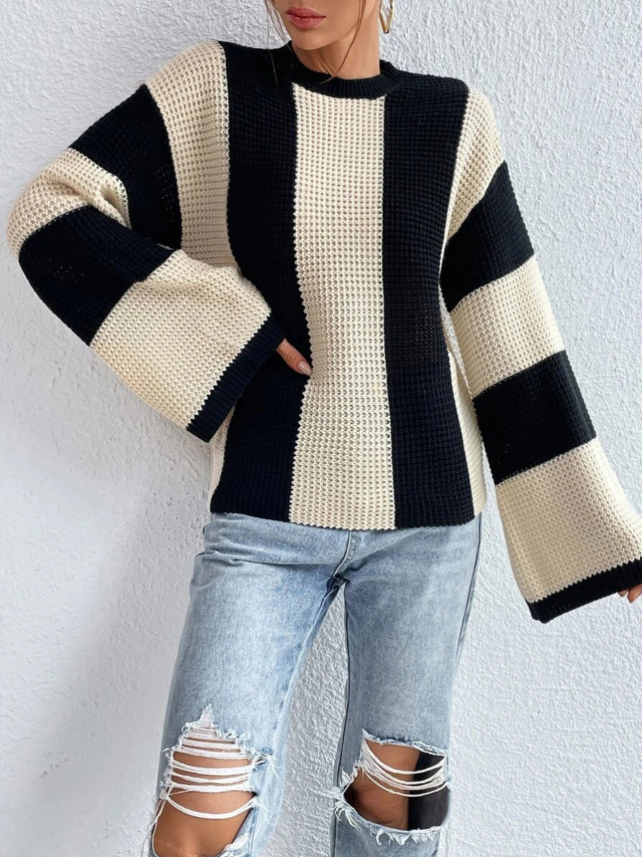 Long Sleeve Contrast Rib-Knit Striped Cardigan