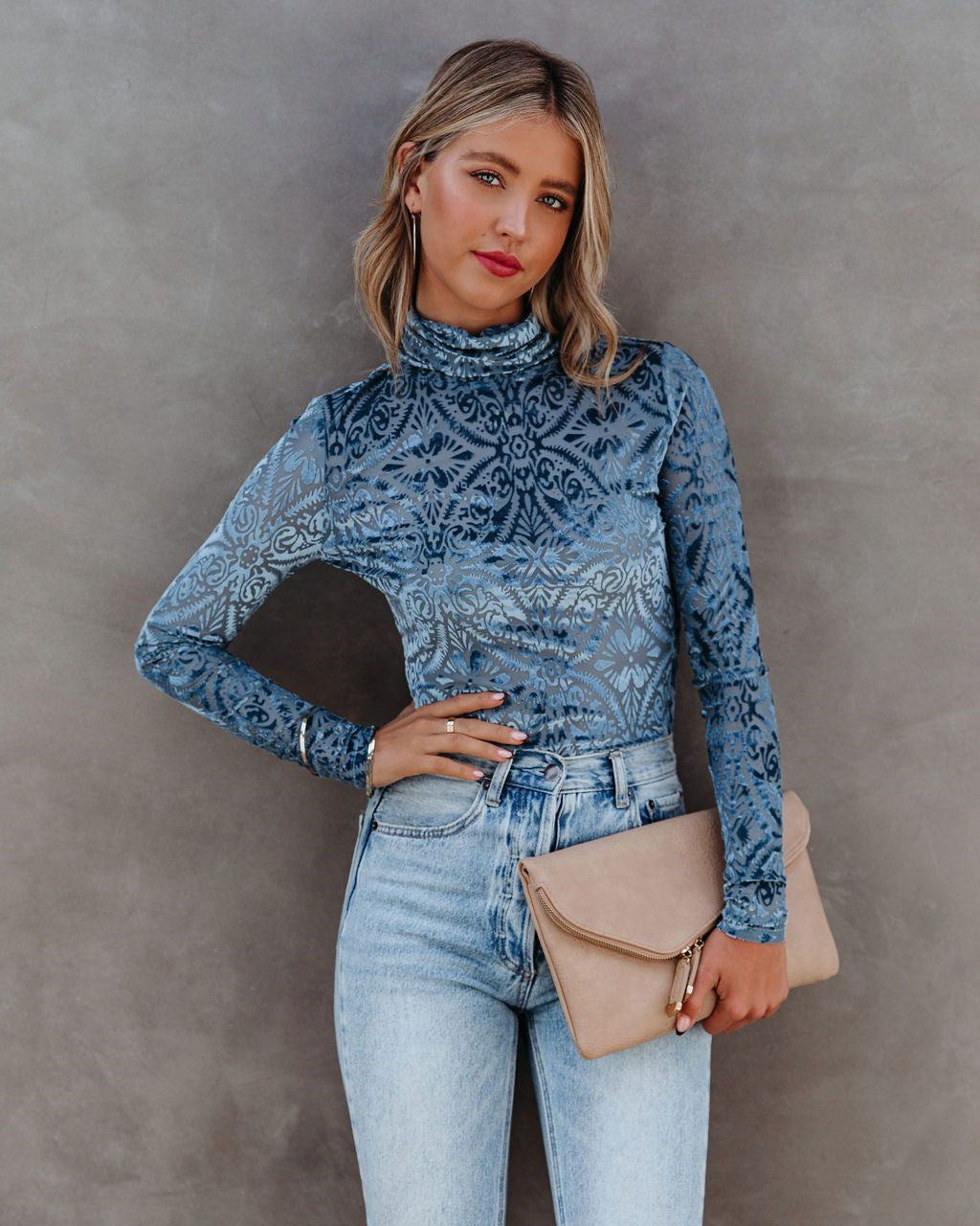Long Sleeve High Neck Printed Cardigan