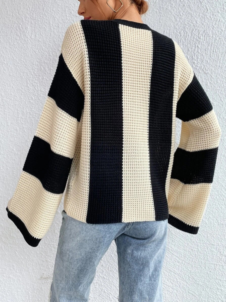 Long Sleeve Contrast Rib-Knit Striped Cardigan