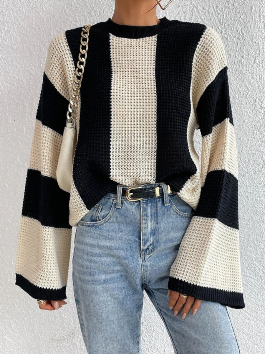 Long Sleeve Contrast Rib-Knit Striped Cardigan