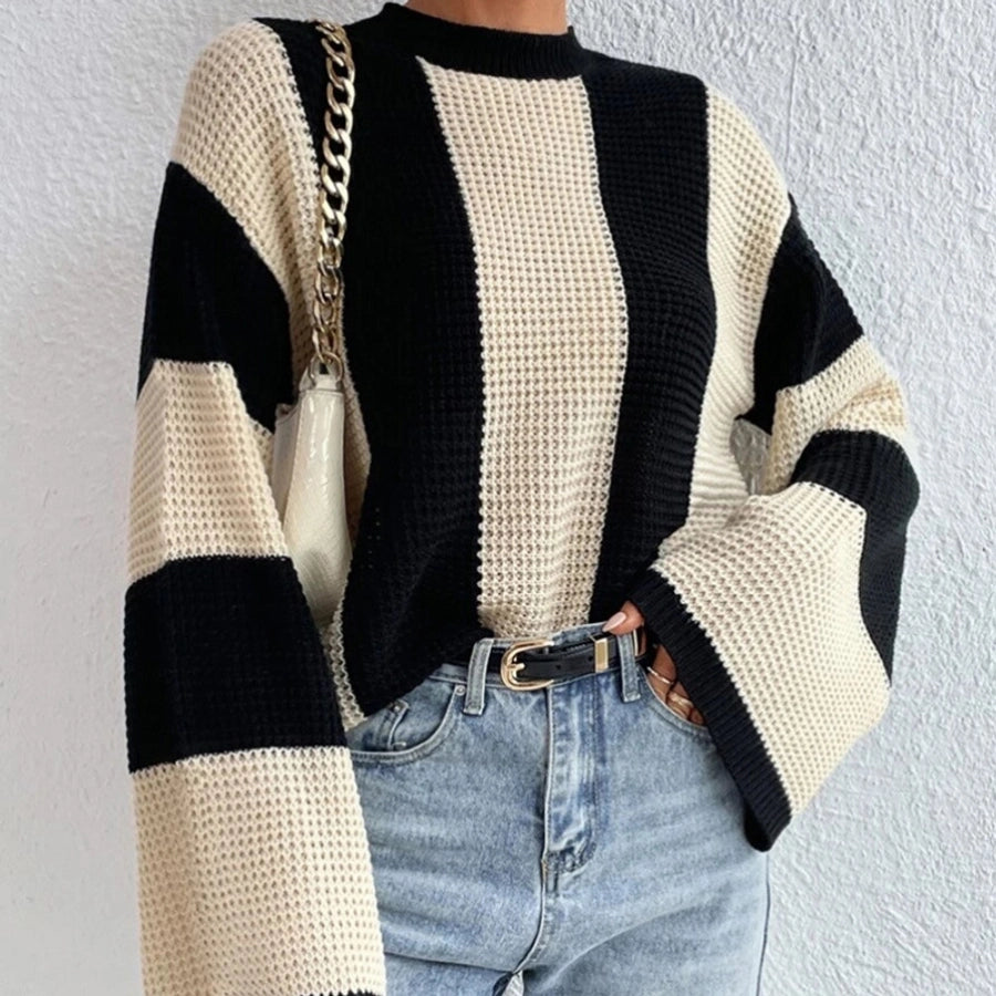 Long Sleeve Contrast Rib-Knit Striped Cardigan