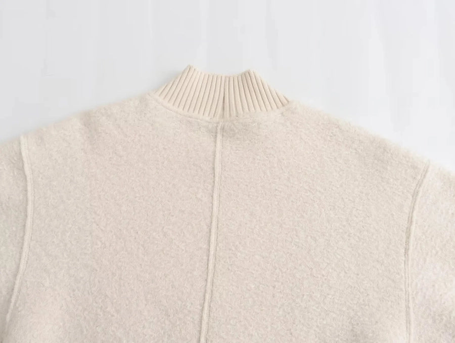 High neck pleated style cardigan sweater