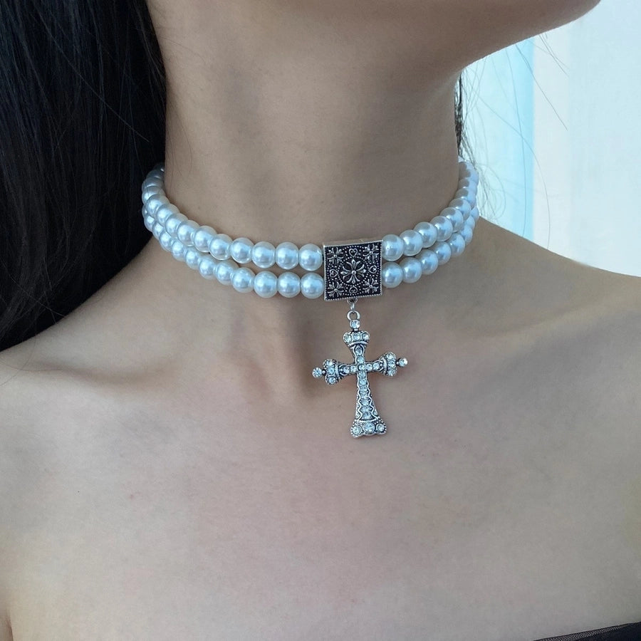 Vintage Pearl Double Layer Cross Necklace