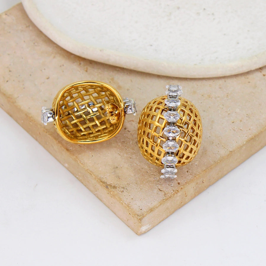White Zircon Blue Rhinestone 18K Gold Plated Ear Studs