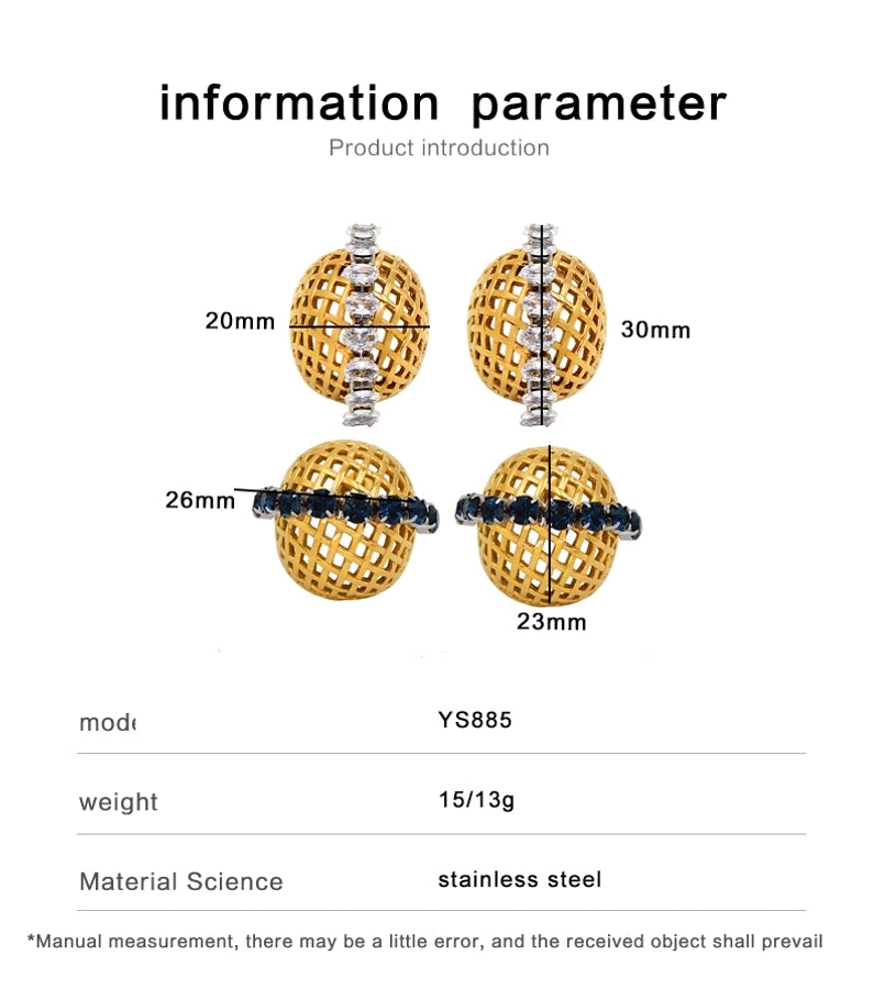 White Zircon Blue Rhinestone 18K Gold Plated Ear Studs