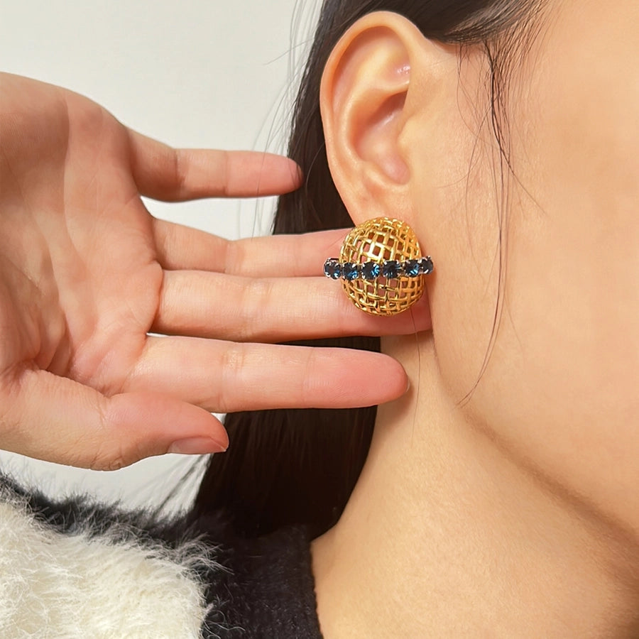 White Zircon Blue Rhinestone 18K Gold Plated Ear Studs