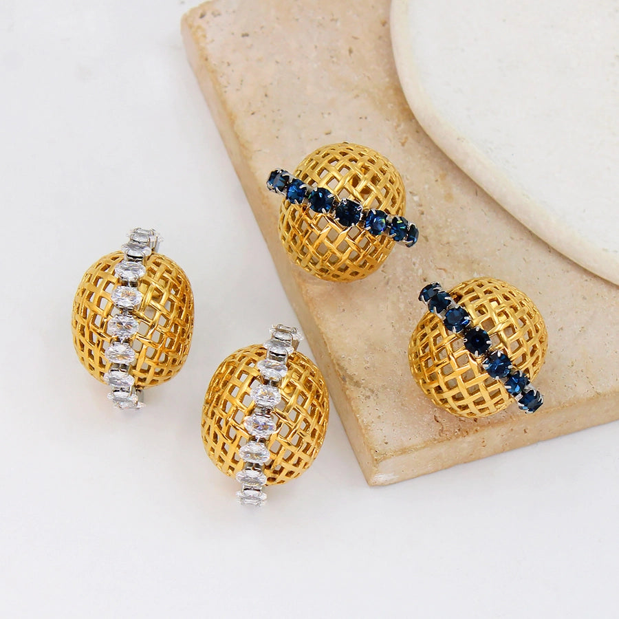 White Zircon Blue Rhinestone 18K Gold Plated Ear Studs