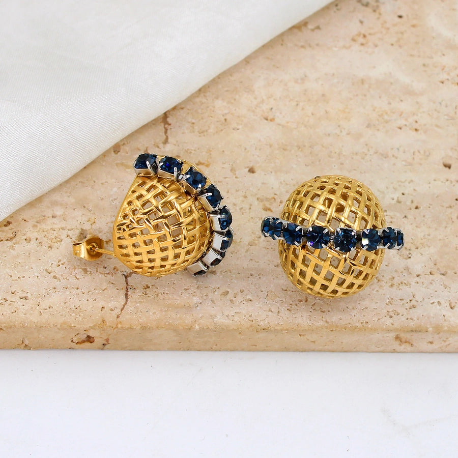White Zircon Blue Rhinestone 18K Gold Plated Ear Studs