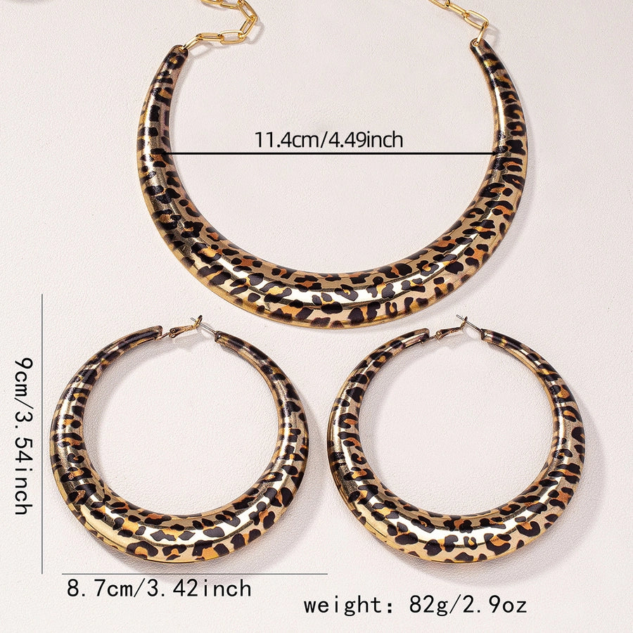Geometric Leopard Print Maillard Earrings Necklace Set Suit