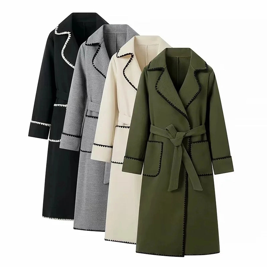 Warm long-sleeved lapel woolen lace-up jacket