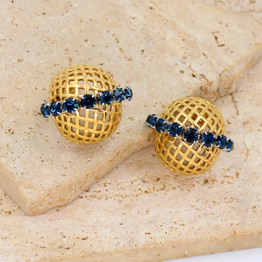 White Zircon Blue Rhinestone 18K Gold Plated Ear Studs