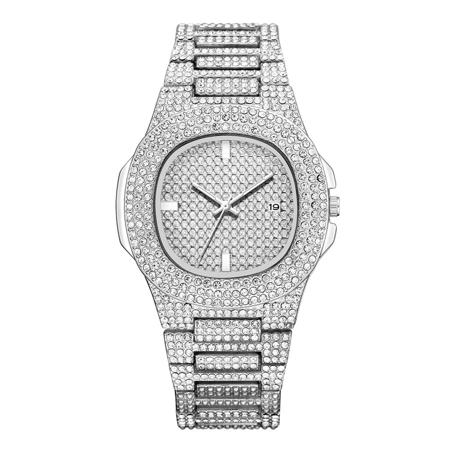 Rhinestone large dial calendar quartz watch