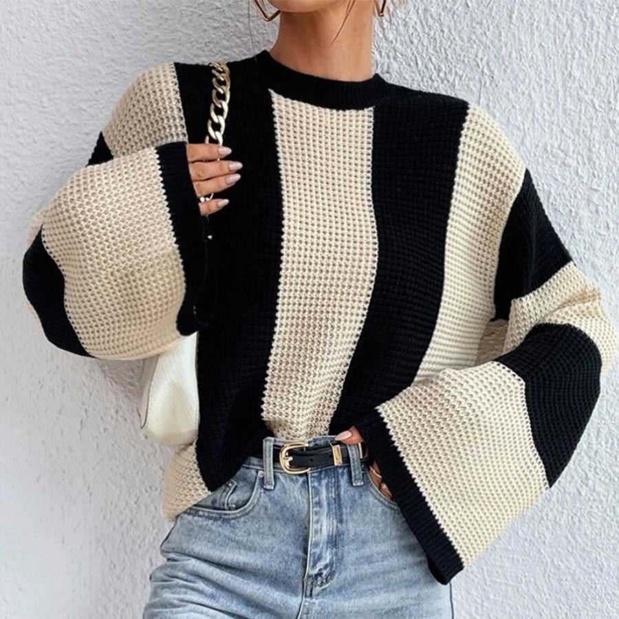 Long Sleeve Contrast Rib-Knit Striped Cardigan