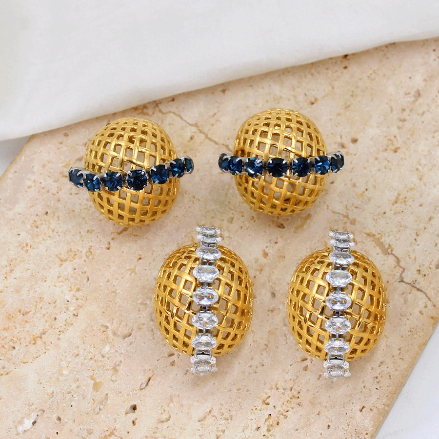 White Zircon Blue Rhinestone 18K Gold Plated Ear Studs
