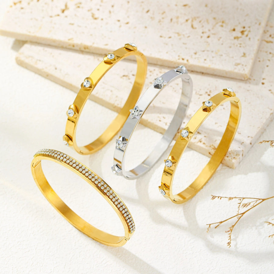 Vintage Style Star & Heart Shape 18K Gold Plated Rhinestones Bangle