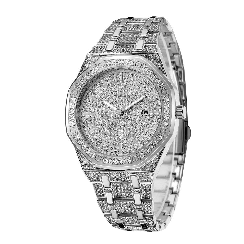 large dial rhinestoned steel strap watch