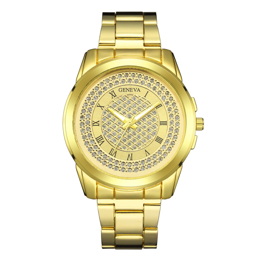 Geneva rhinestone men's steel strap watch