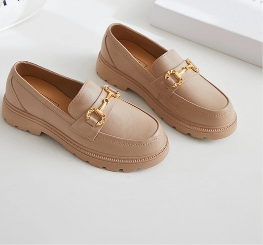 retro small gold buckle round toe loafers