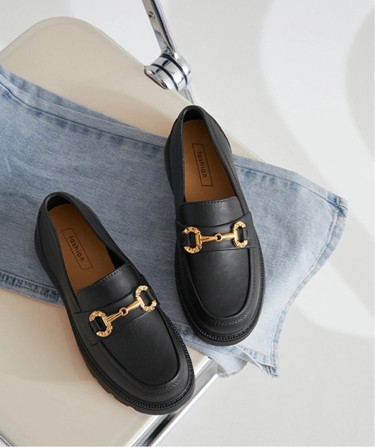 retro small gold buckle round toe loafers