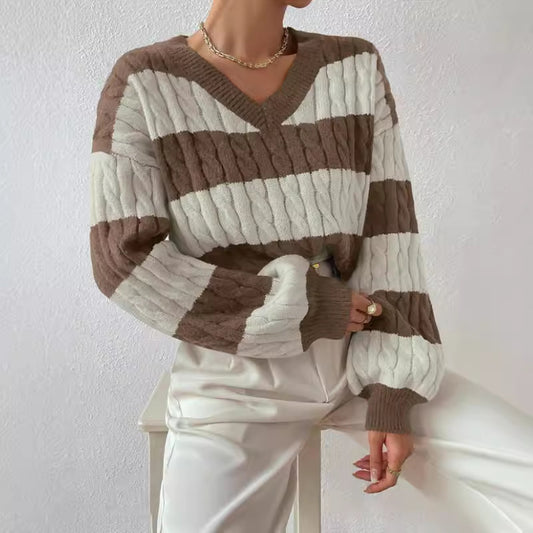 Loose V neck retro contrast striped sweater