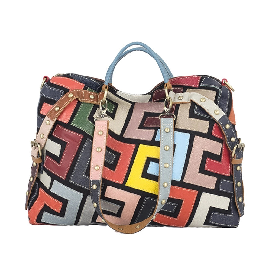 Geometric Leather Pattern Colour Contrast Shoulder Crossbody Hand Bag