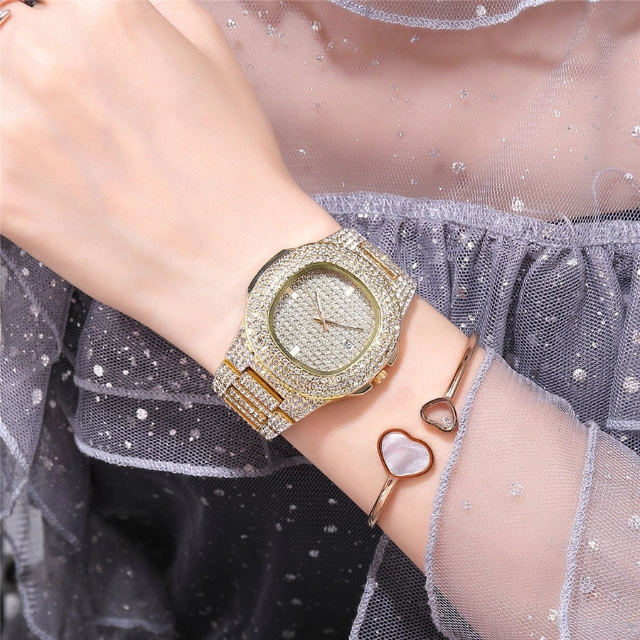 Rhinestone large dial calendar quartz watch