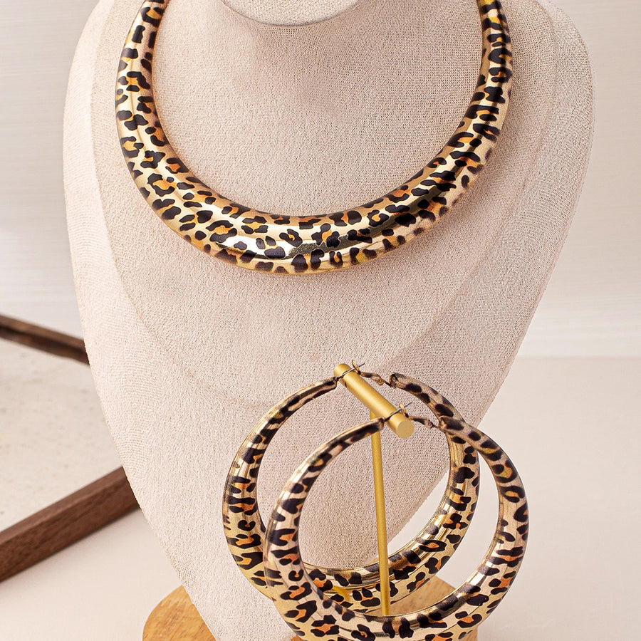 Geometric Leopard Print Maillard Earrings Necklace Set Suit