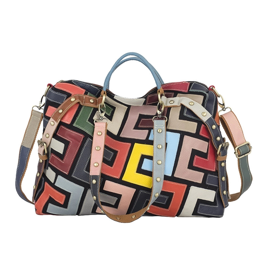 Geometric Leather Pattern Colour Contrast Shoulder Crossbody Hand Bag