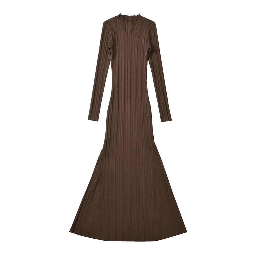 Round Neck Long Sleeve Solid Color Maxi Long Dress