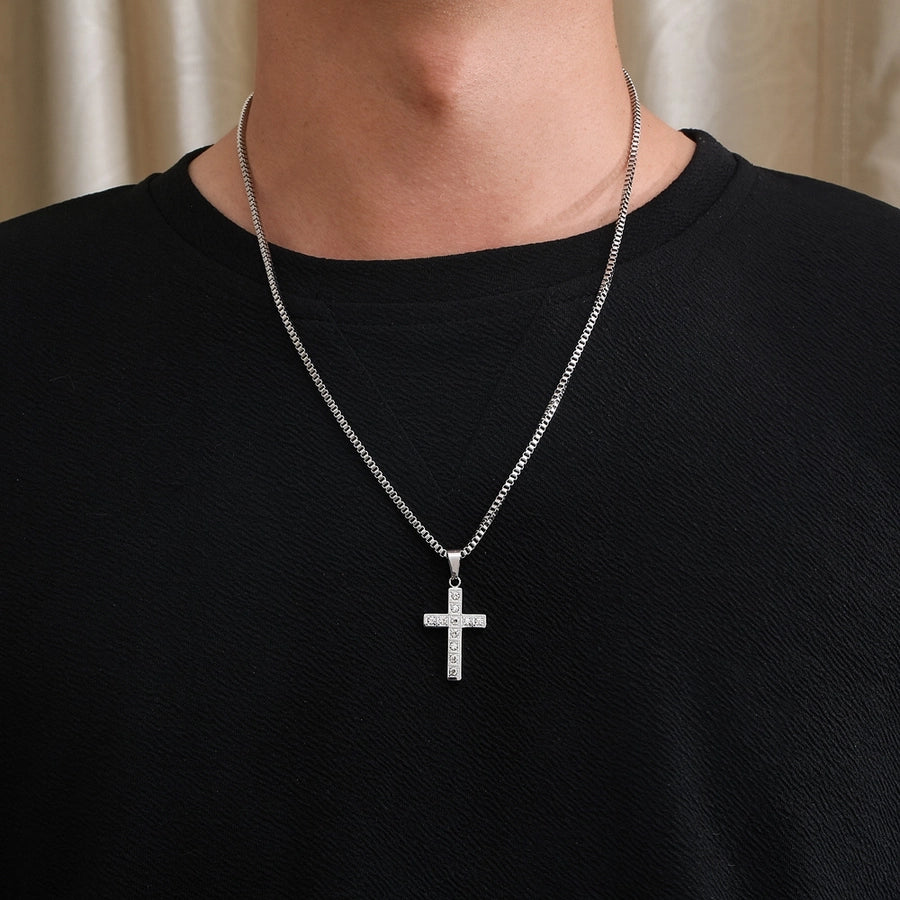 Stainless Steel 18K Gold Inlay Cross Zircon Pendant Necklace