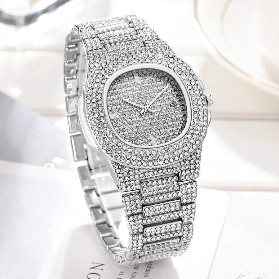 Rhinestone large dial calendar quartz watch