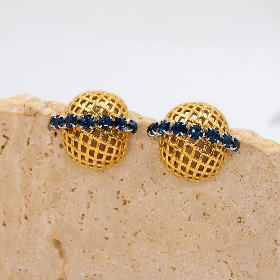 White Zircon Blue Rhinestone 18K Gold Plated Ear Studs