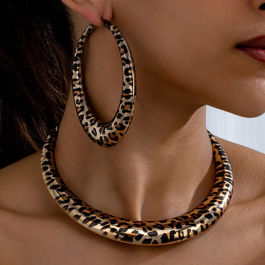 Geometric Leopard Print Maillard Earrings Necklace Set Suit