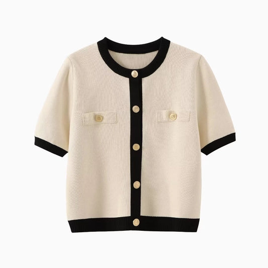 Short sleeve two tone buttoned cardigan sweater