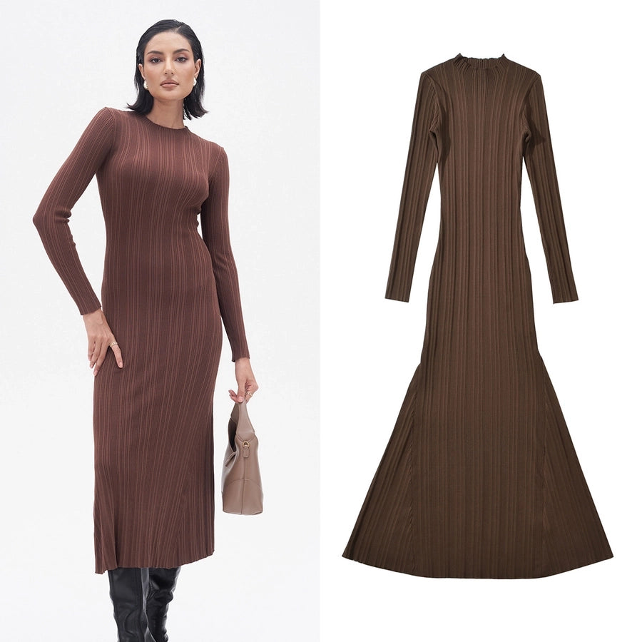 Round Neck Long Sleeve Solid Color Maxi Long Dress