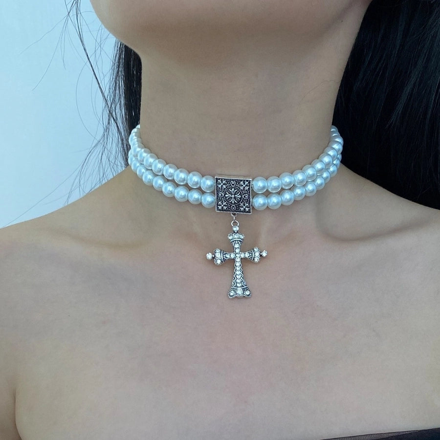 Vintage Pearl Double Layer Cross Necklace