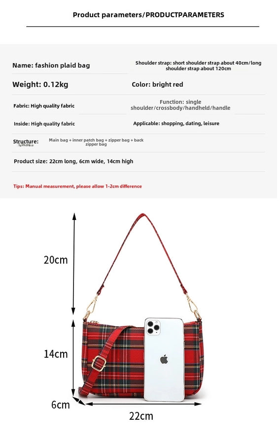 Retro Red Plaid French shoulder underarm handbag