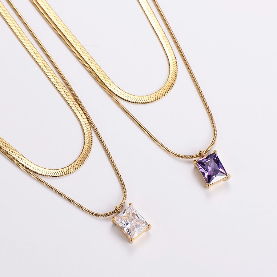 Square crystal Zircon Double Layer Necklaces