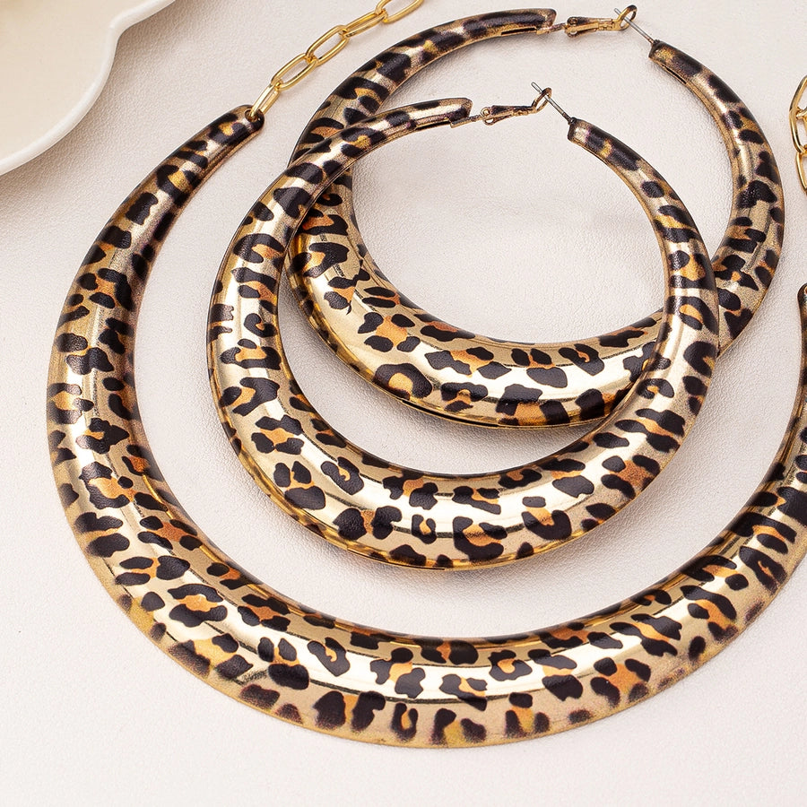 Geometric Leopard Print Maillard Earrings Necklace Set Suit