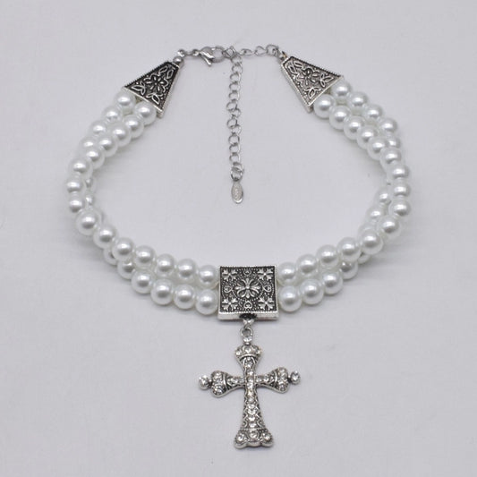 Vintage Pearl Double Layer Cross Necklace