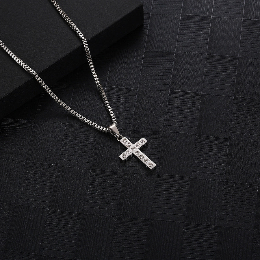 Stainless Steel 18K Gold Inlay Cross Zircon Pendant Necklace