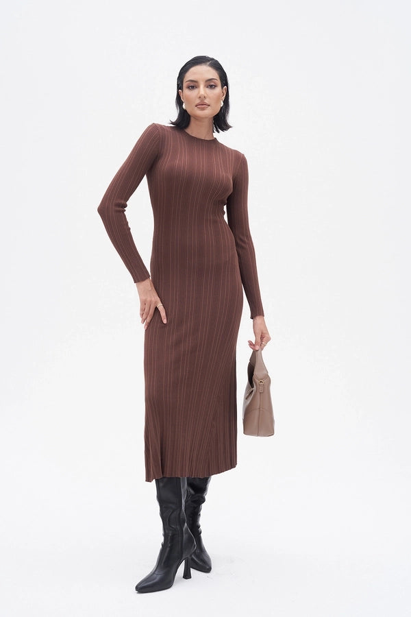 Round Neck Long Sleeve Solid Color Maxi Long Dress