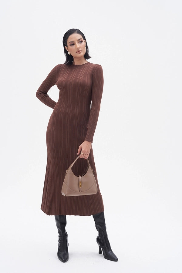 Round Neck Long Sleeve Solid Color Maxi Long Dress