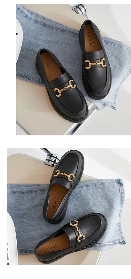 retro small gold buckle round toe loafers